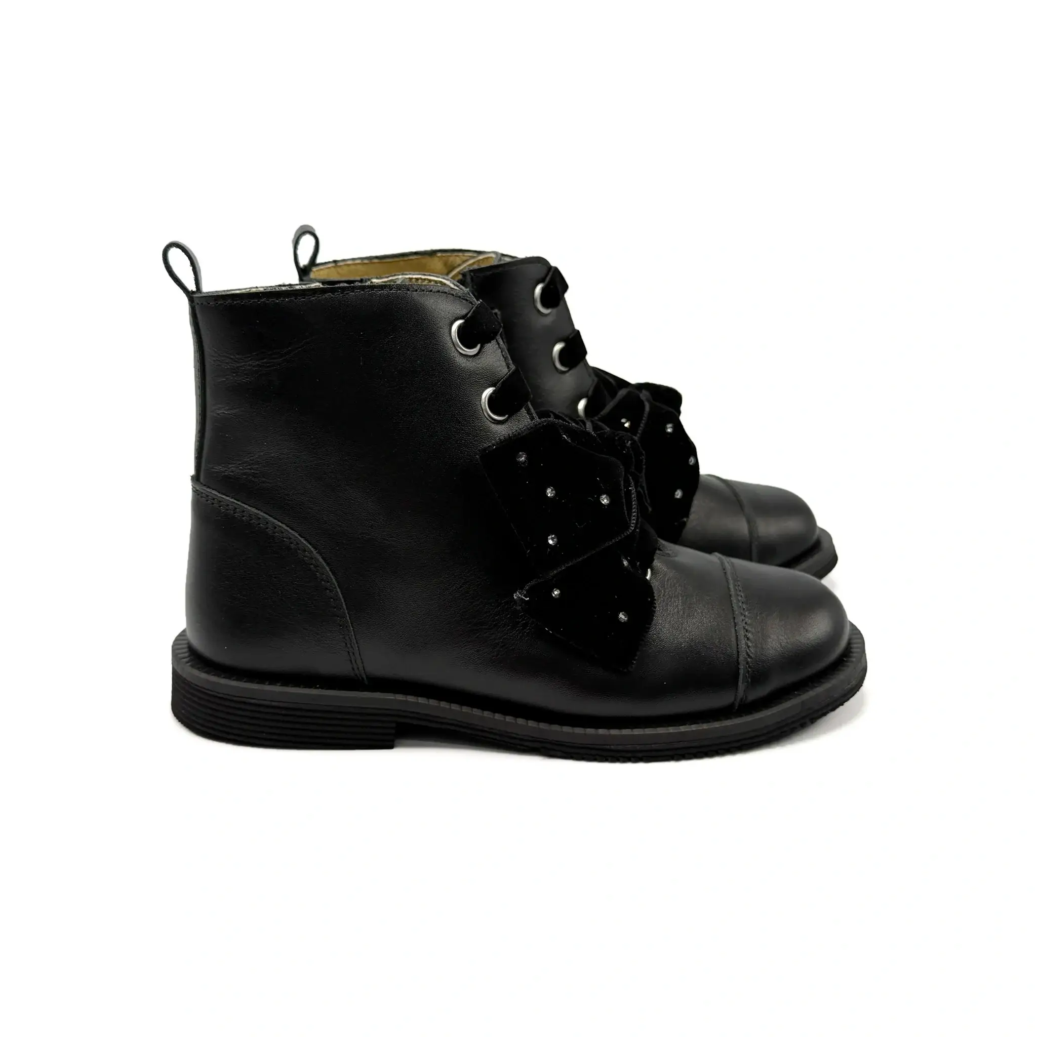 Andanines Black Leather Bow Combat Bootie