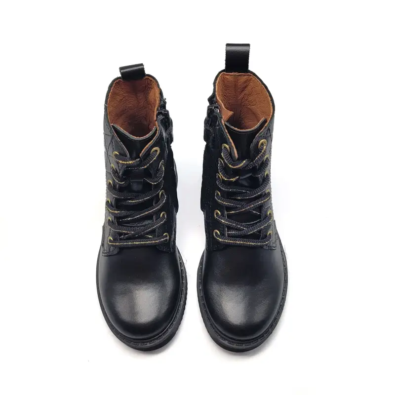 Atlanta Mocassin Black Quilt Gold Detail Lace Bootie - Image 2