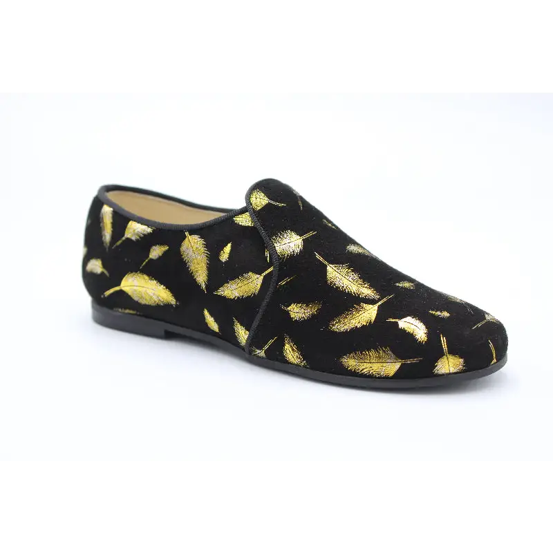 Blublonc Black Suede Gold Leaf Smoking Slip On
