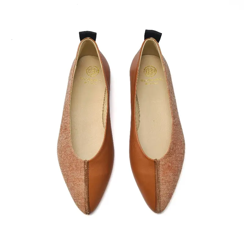Blublonc Manda Cognac Linen Two Toned Pointed Ballet Flat - Image 2