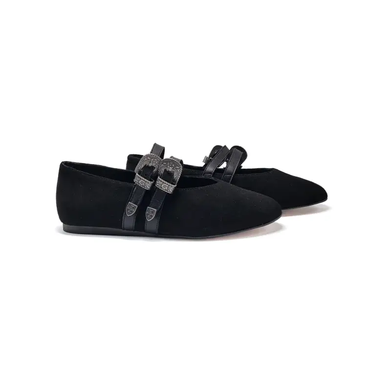Blublonc Nyla Rich Black Suede Double Buckle Mary Jane