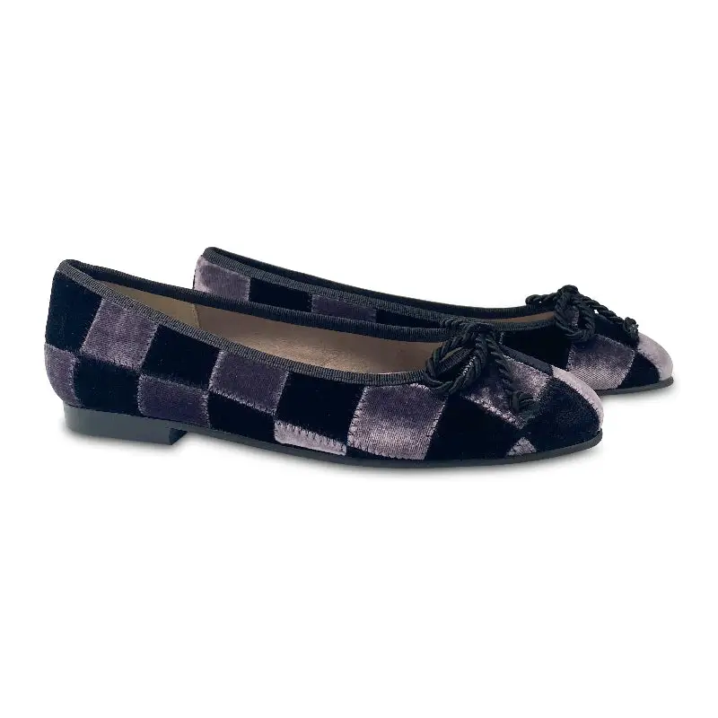 Brunellis Black Grey Velvet Quilt Bow Ballet Slip On