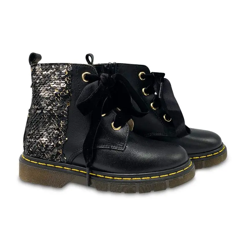 Confetti Black Leather Sequin Back Combat Bootie