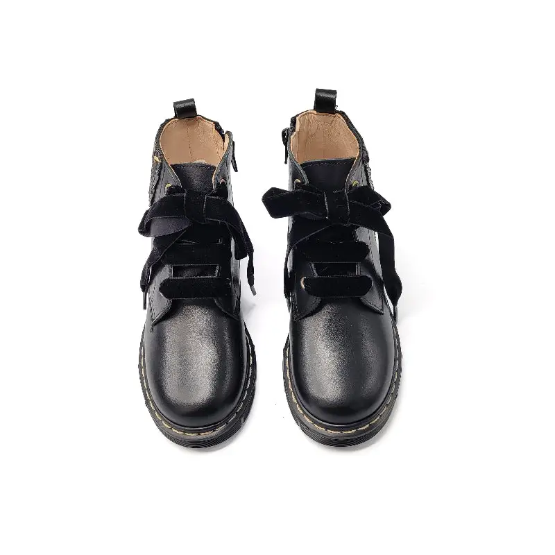 Confetti Black Leather Sequin Back Combat Bootie - Image 2