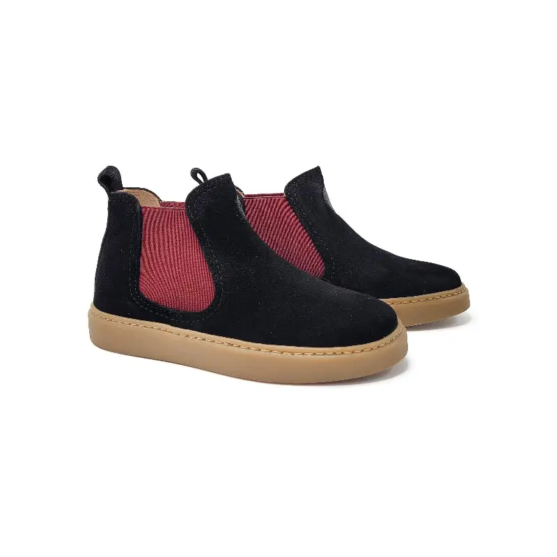 Confetti Black Suede Burgundy Elastic Slip On Bootie