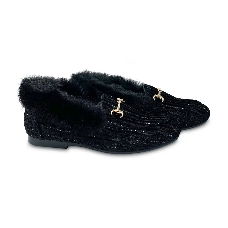 Gufanpei Black Shimmer Velvet Fur Chain Slip On