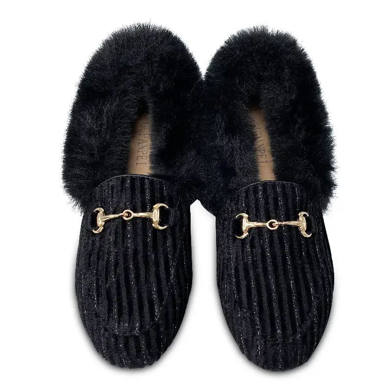 Gufanpei Black Shimmer Velvet Fur Chain Slip On - Image 2