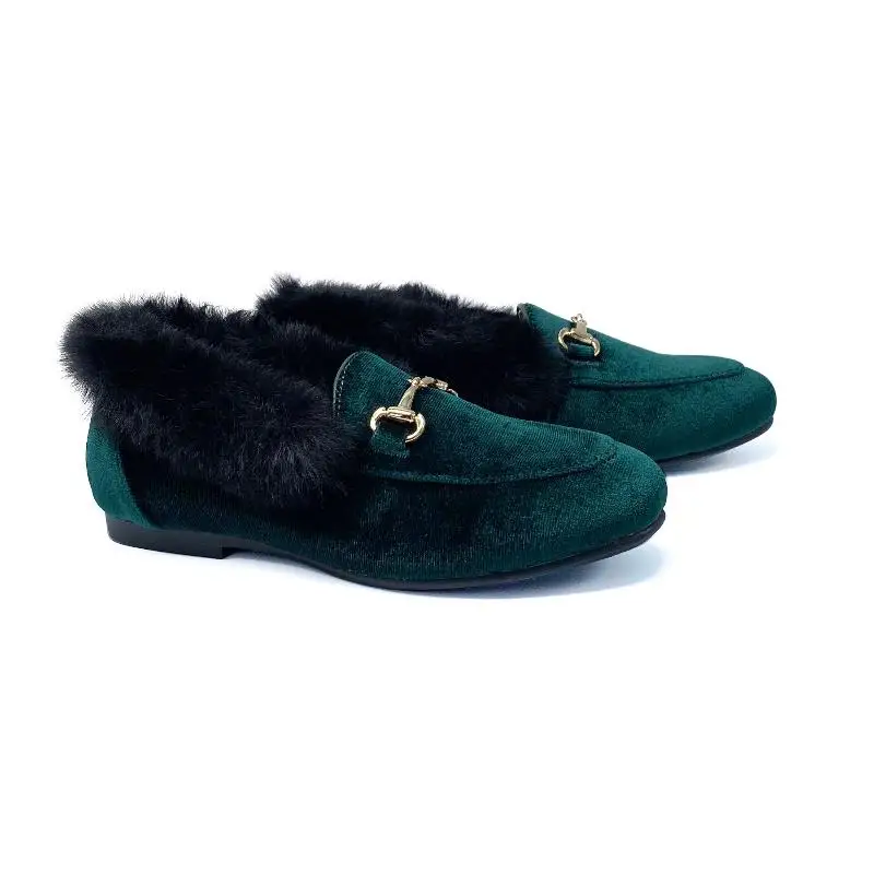 Gufanpei Forest Green Velvet Fur Chain Slip On