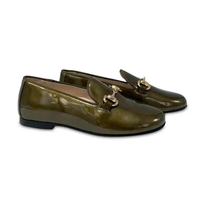 Hoo Olive Green Metallic Patent Chain Smoking Slip On