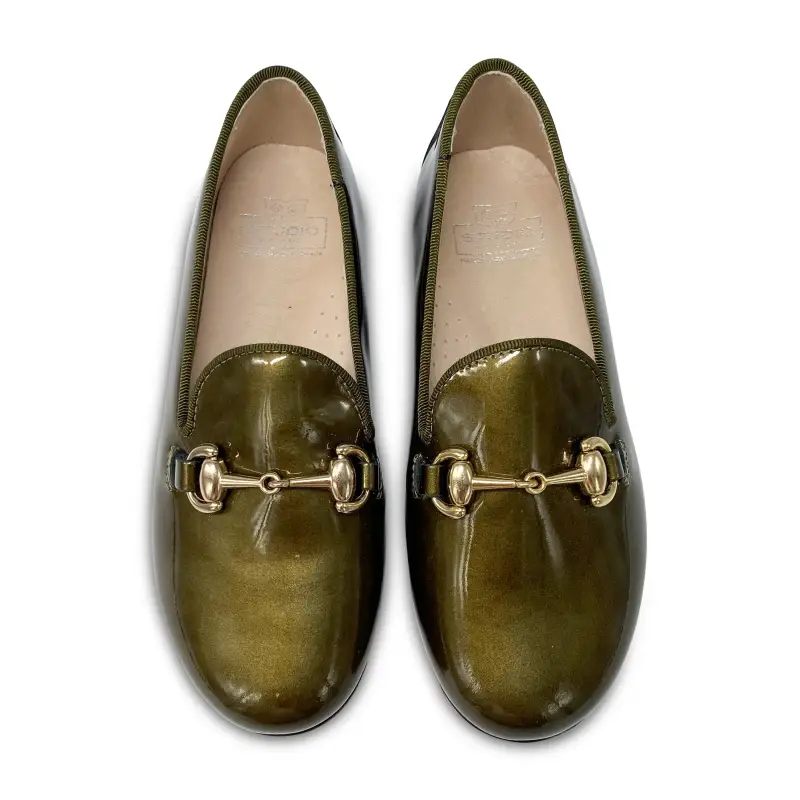 Hoo Olive Green Metallic Patent Chain Smoking Slip On - Image 3
