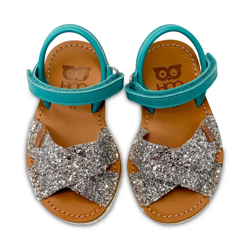 HOO Turquoise Silver Glitter Velcro Sandal - Image 2
