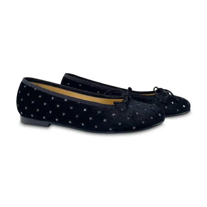 LMDI Black Velvet Silver Polka Dot Bow Ballet Slip On