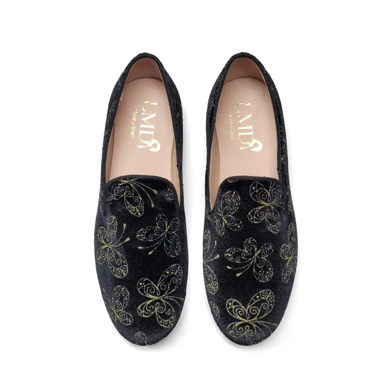 LMDI Sleeper Black Velvet Gold Butterfly Slip On - Image 2