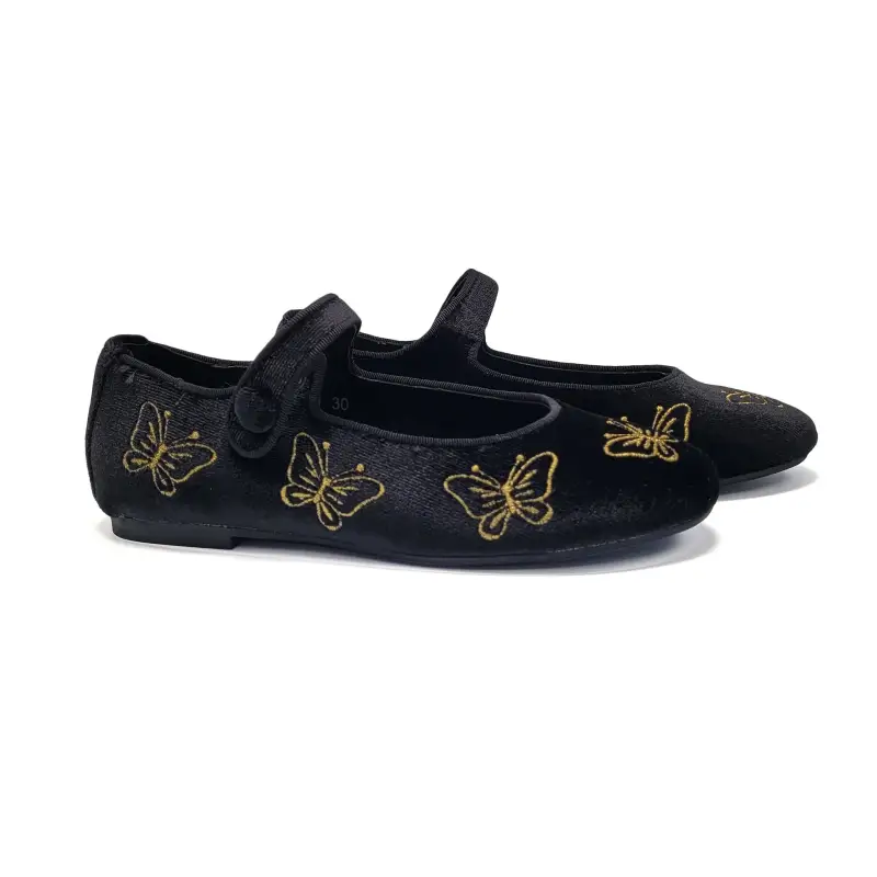 Mamelina Black Velvet Gold Embroidered Butterfly Mary Jane