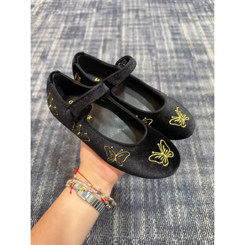 Mamelina Black Velvet Gold Embroidered Butterfly Mary Jane - Image 3