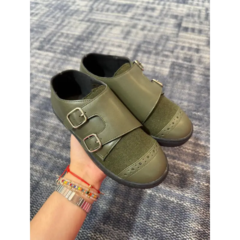 Mamelina Green Flannel Leather Monk Strap Velcro Sneaker - Image 3
