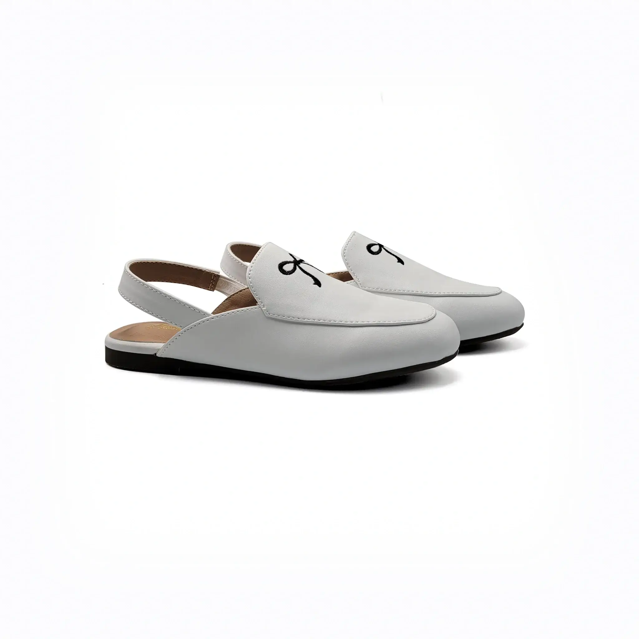Mamelina White Black Bow Embroidered Mule