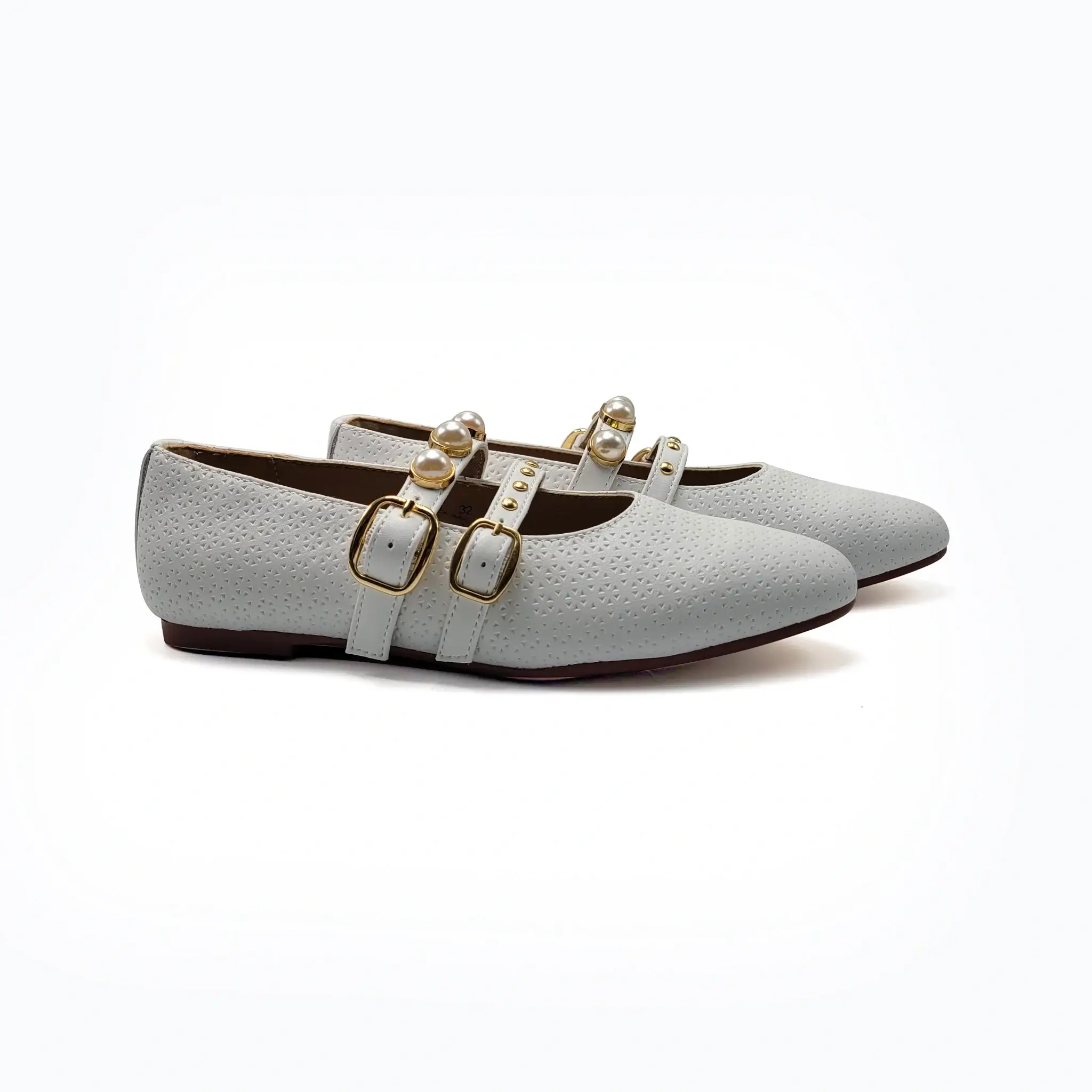 Mamelina White Pearls Double Strap Mary Jane
