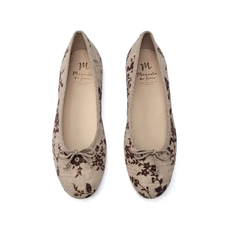 Manuela De Juan Belladona Taupe Floral Velvet Ballet Flat S2373 - Image 2