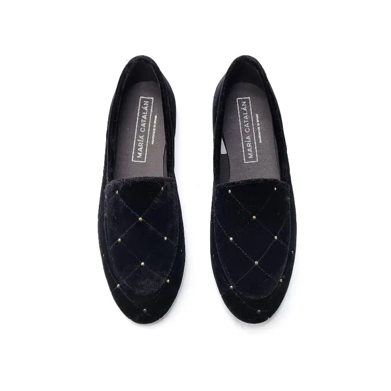 Maria Catalan Smokin Black Velvet Gold Stud Slip On Dress Shoe - Image 2