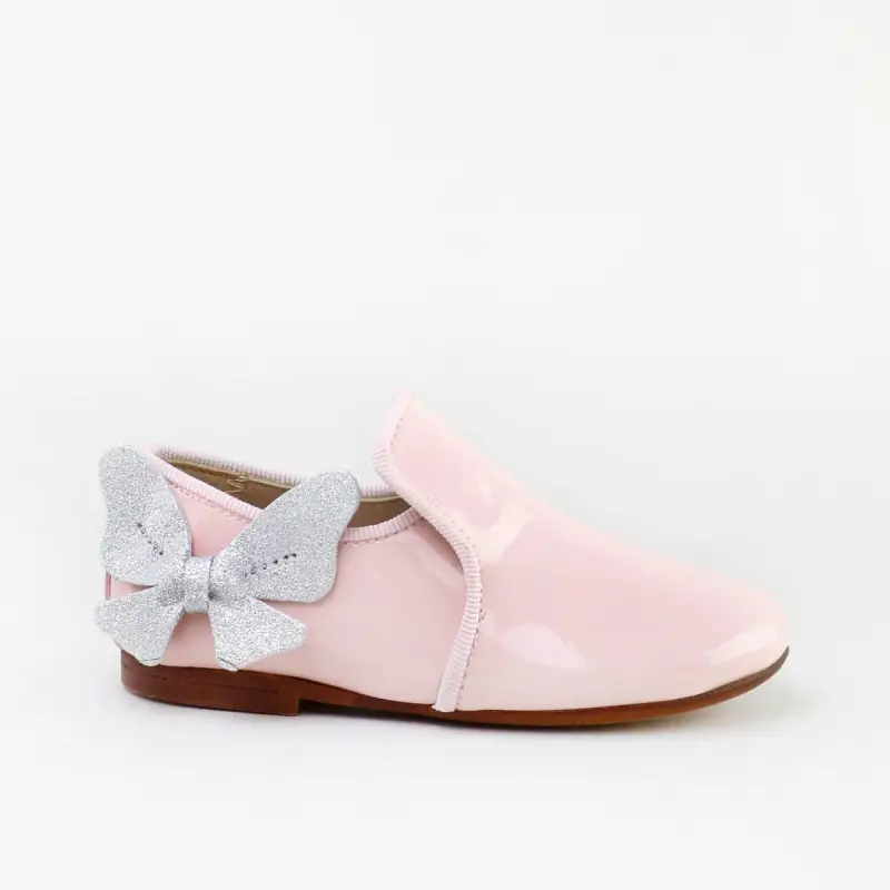 Papanatas Light Pink Patent Leather Silver Butterfly Slip On Loafer