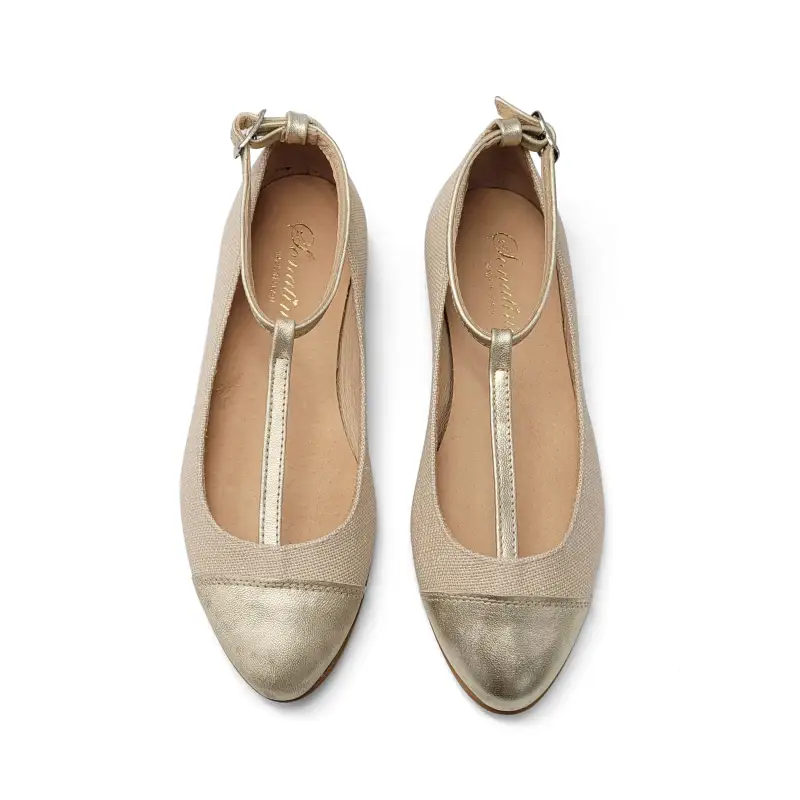 Sonatina Loretta Gold Beige Linen T-strap Dress Shoe - Image 2